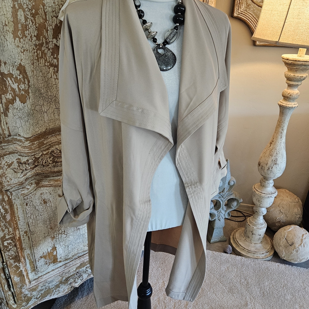 Max Studio Taupe Drape Front Trench Coat - Picture 9 of 11